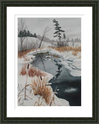 Framed picture of stream in winter