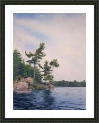 framed picture of lake in summer