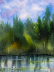 Watercolor painting Lake reflecting trees