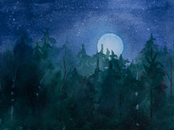 Watercolor painting Moon Setting over dark Forest